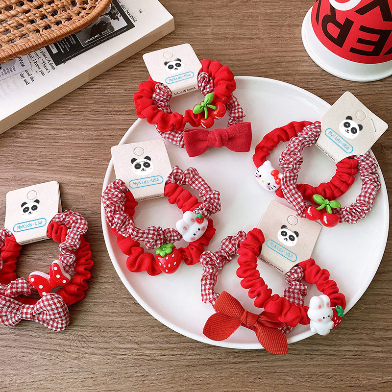 Versatile Red Cute Strawberry Little Bunny Fabric Hair Rope Hair Tie-0