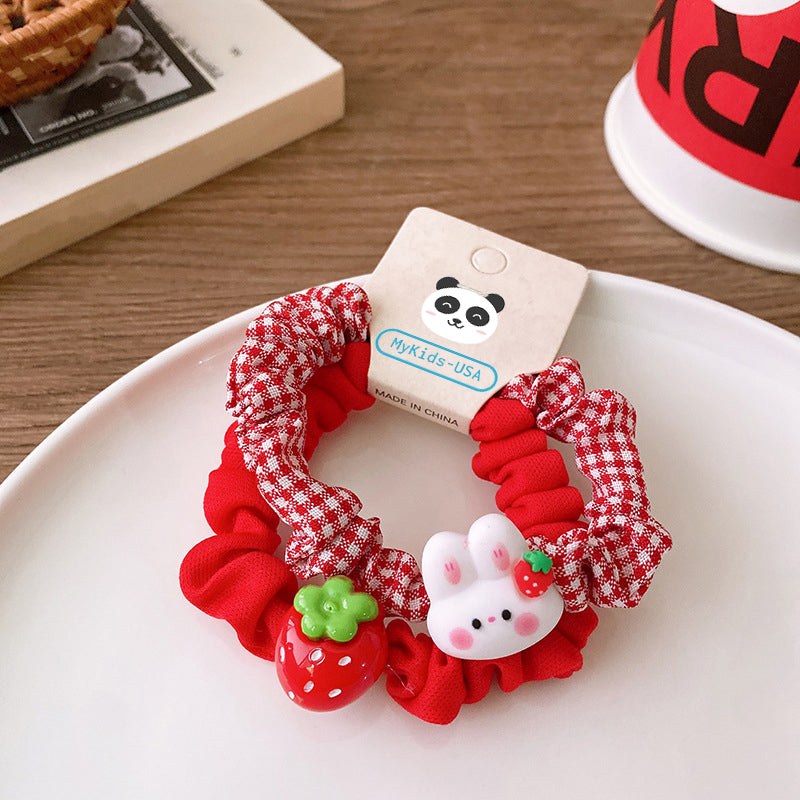 Versatile Red Cute Strawberry Little Bunny Fabric Hair Rope Hair Tie-3