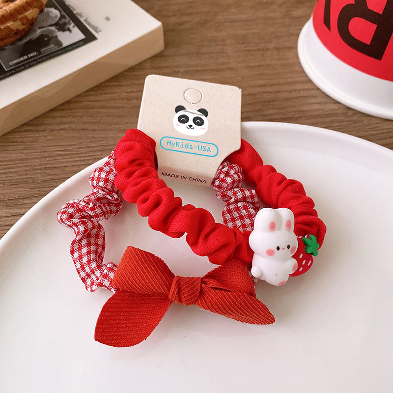 Versatile Red Cute Strawberry Little Bunny Fabric Hair Rope Hair Tie-4