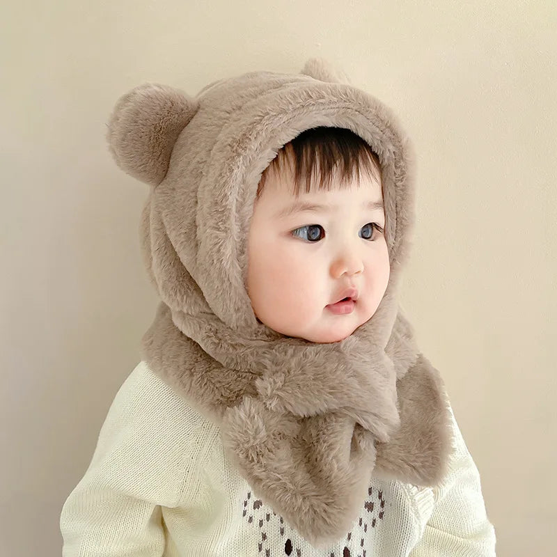 Winter Baby Hat and Scarf Set - Faux Fur Cartoon Bear Design, Warm and Windproof Beanie and Neck Cover for Infants and Toddlers