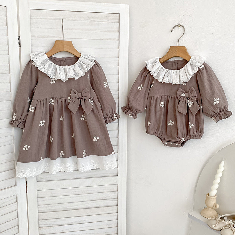 Autumn Hot Selling Baby Kids Girls Flowers Embroidered Pattern Long-sleeved Onesies and Dress – Princess Sister Matching Set-0