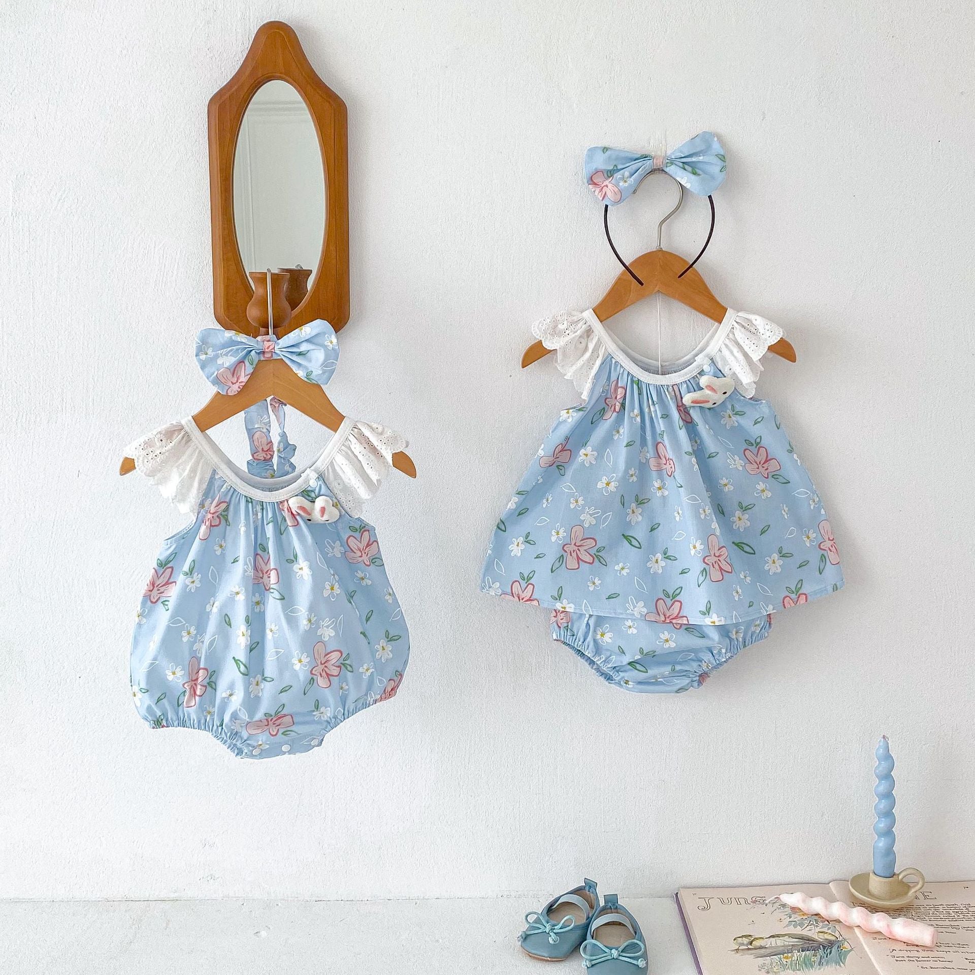 Summer Girls Flowers Pattern Sleeveless Lace Strap Onesies And Clothing Set – Sister Matching Clothing Set-3