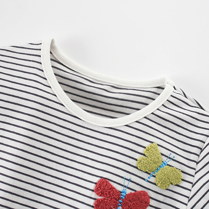 Summer Girls’ Butterfly Pattern Striped T-shirt in European and American Style-1