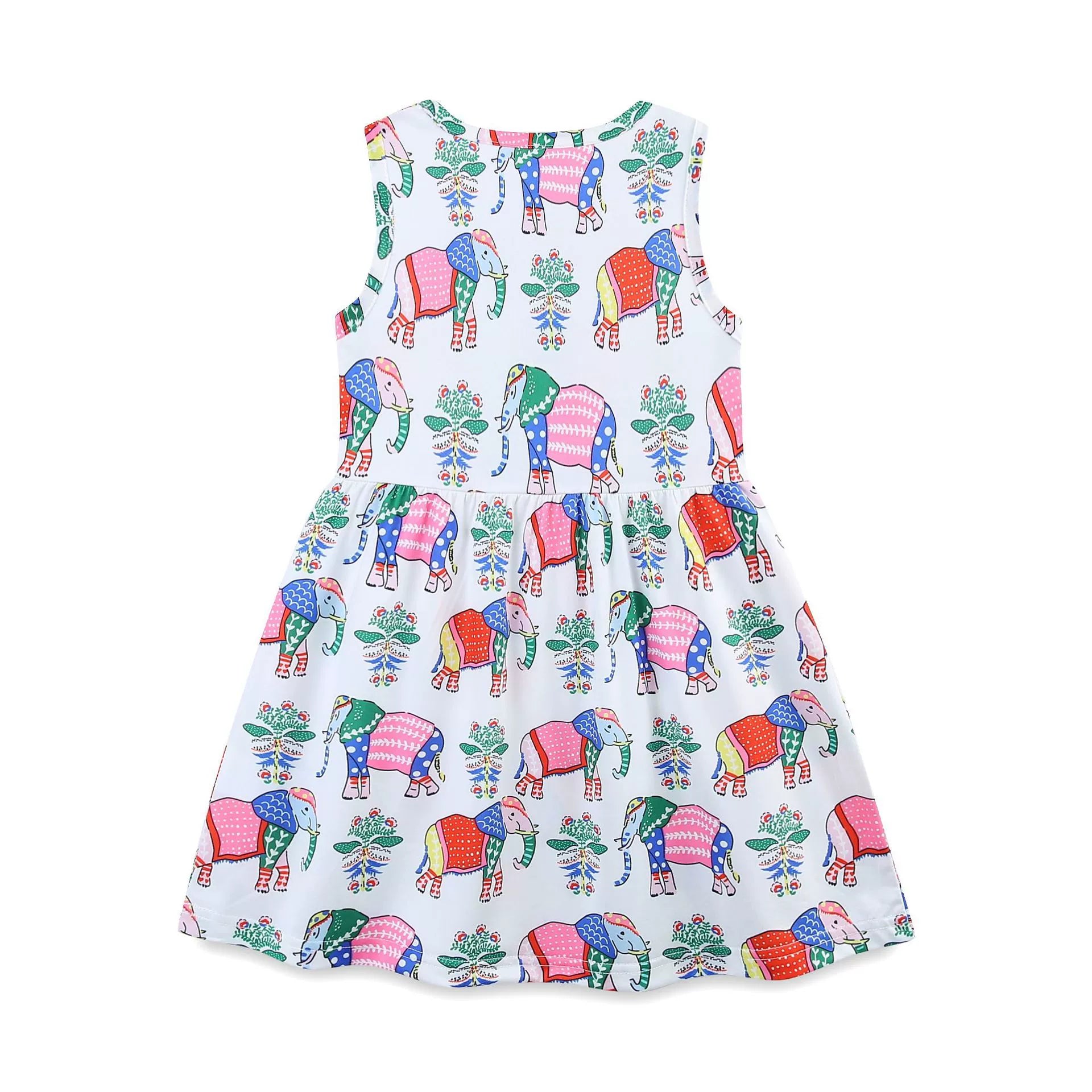Summer Arrival Colorful Flowers and Elephants Pattern Sleeveless Crew Neck Dress for Stylish Girls-1