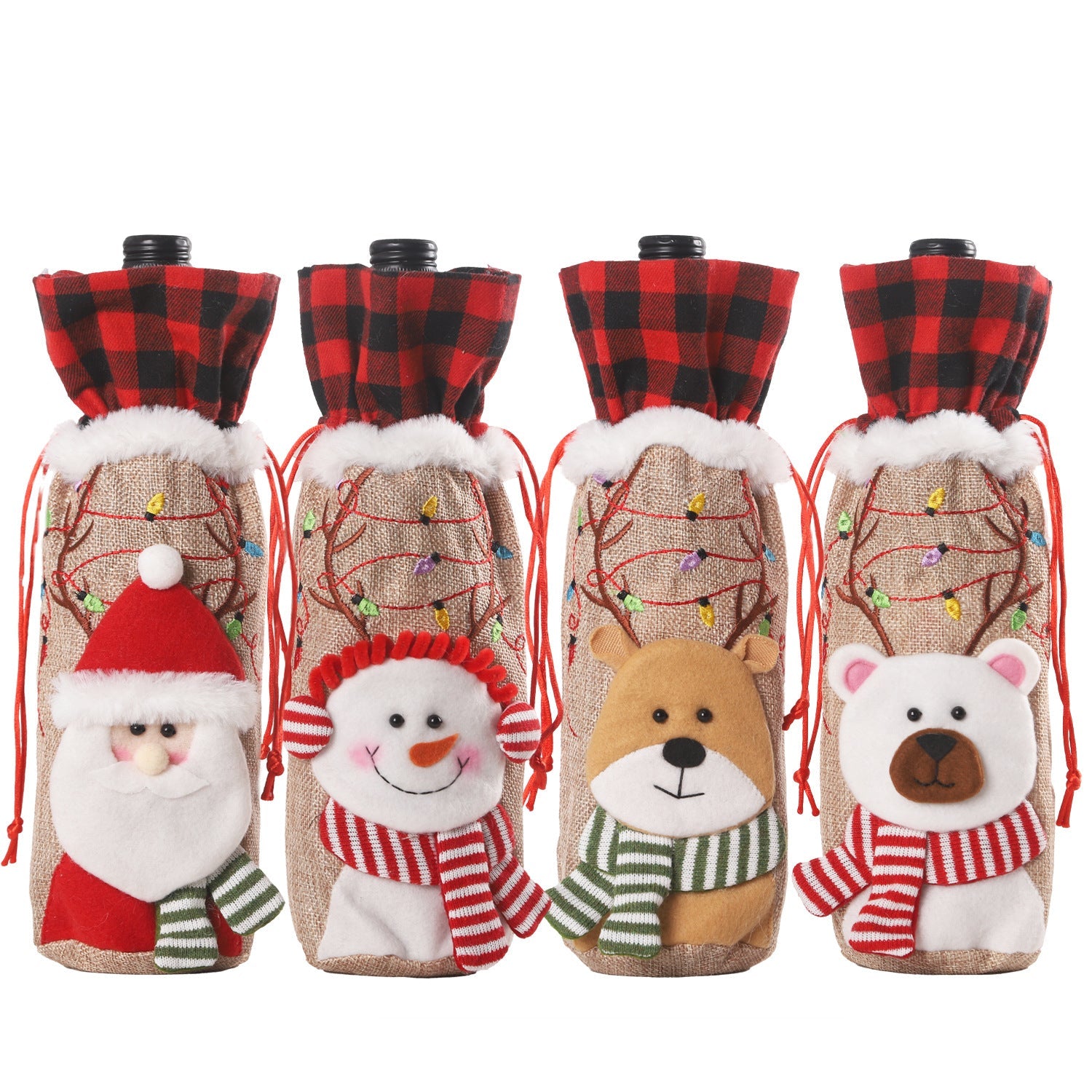 Red and Black Checkered Burlap Wine Bottle Embroidered Christmas Doll Tote Bag-0