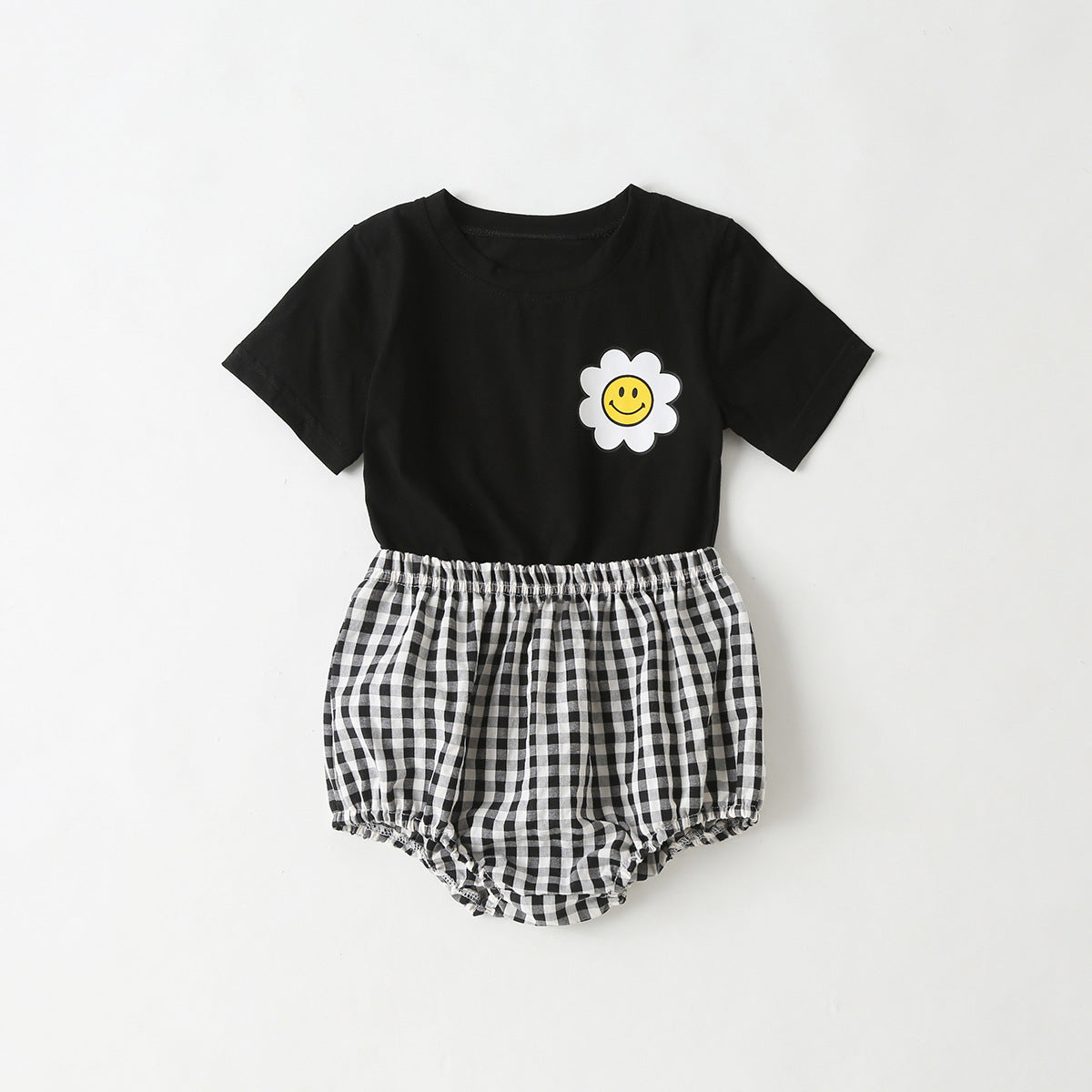 Summer Baby Kids Cartoon Flowers Pattern T-shirt and Plaid Bloomers Clothing Set-3