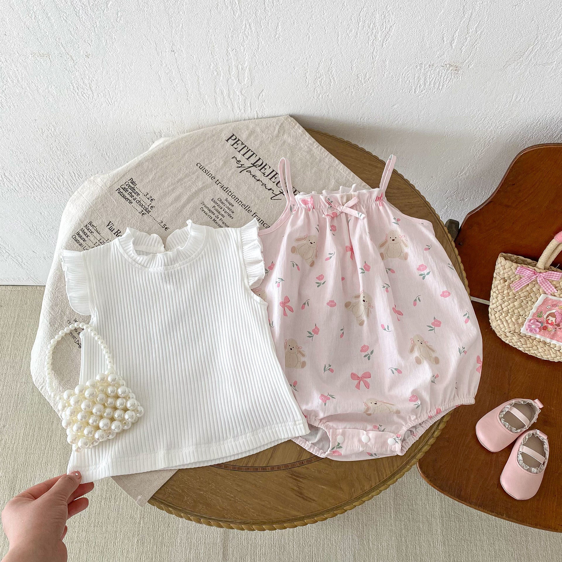 Arrival Summer Baby Kids Girls Flowers Pattern Sleeveless Strap Onesies And White Fly Sleeves Elastic T-Shirt Set-2