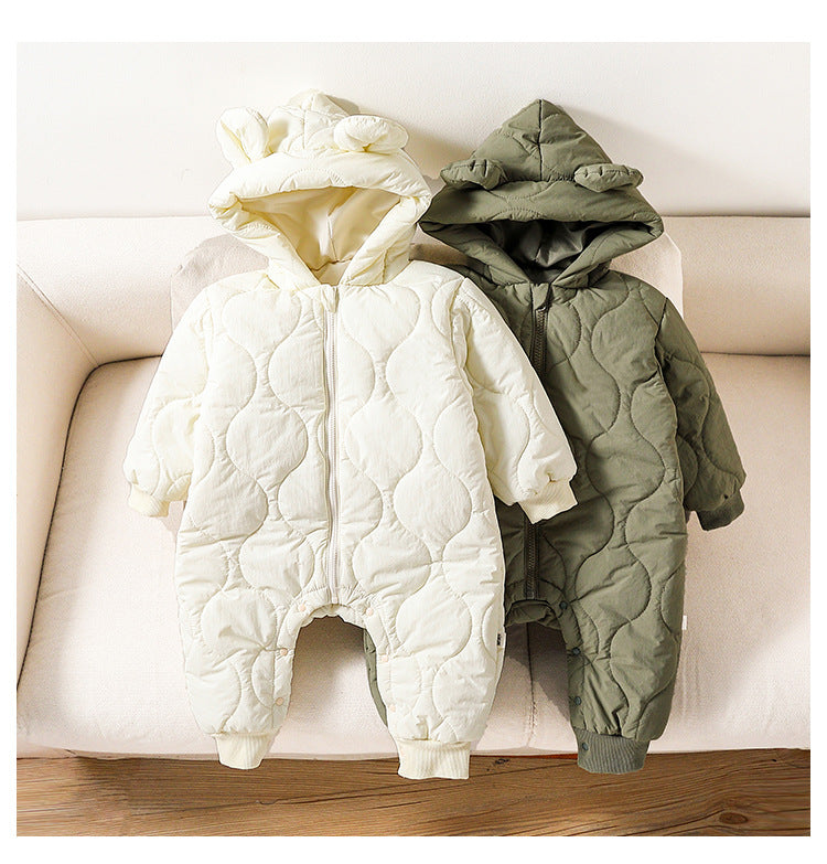 Autumn and Winter Arrival Baby Unisex Solid Color Hooded Cozy Long Sleeves Casual Thickened Rompers-0