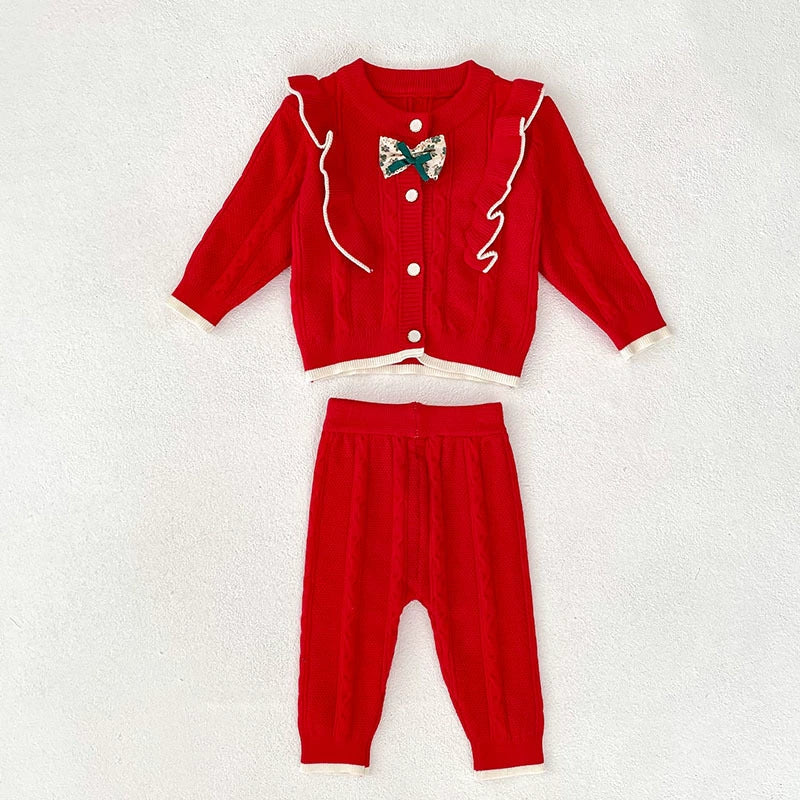 Aankomst herfst baby meisjes lange mouwen kleur patchwork jacquard patroon gebreide top vest en lange broek kleding set-3