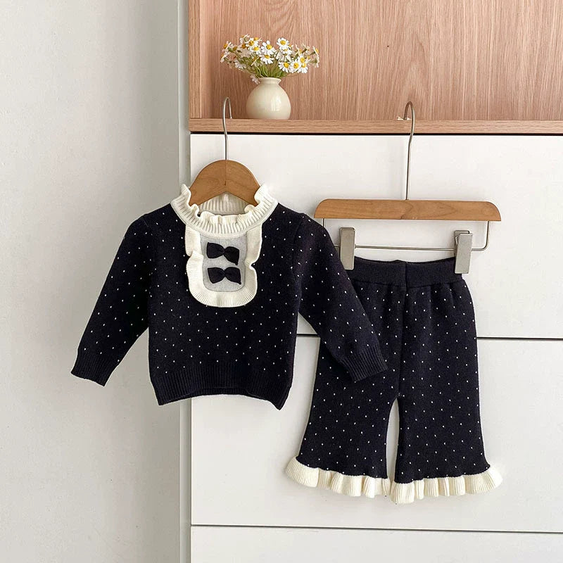 Arrival Autumn Baby Girls Long Sleeves Color Patchwork Dots Pattern Knitted Top Sweater and Long Trousers Clothing Set-1