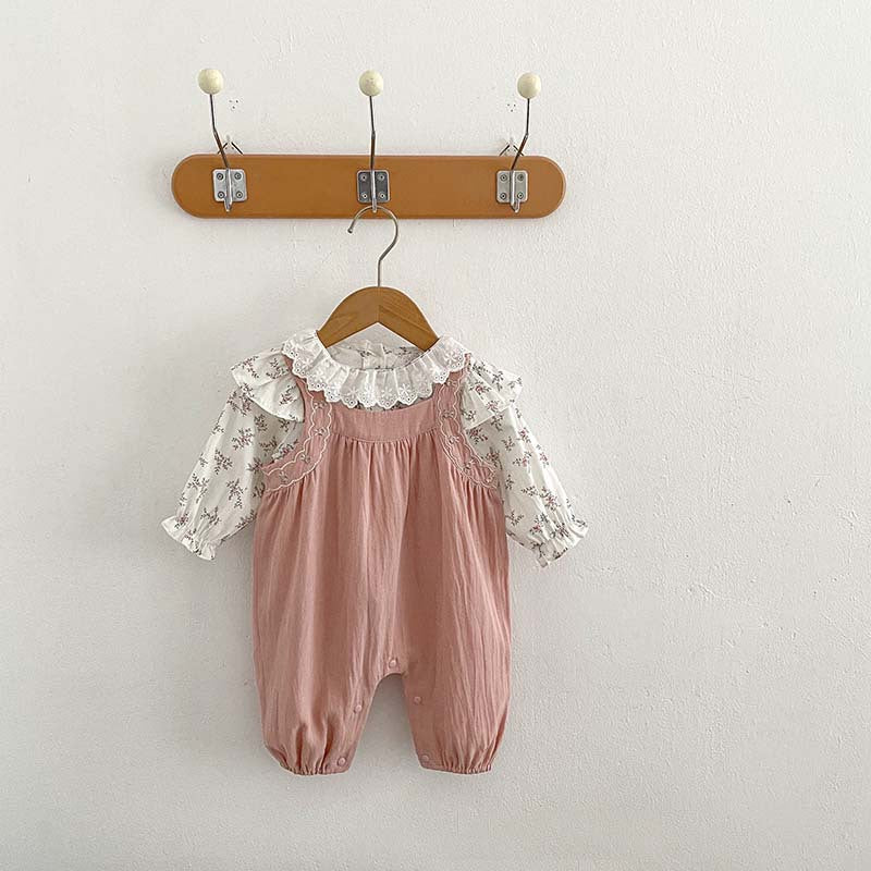 Arrival Autumn Baby Girls Floral Print Long Sleeves Top And Pink Strap Overalls Romper Clothing-2