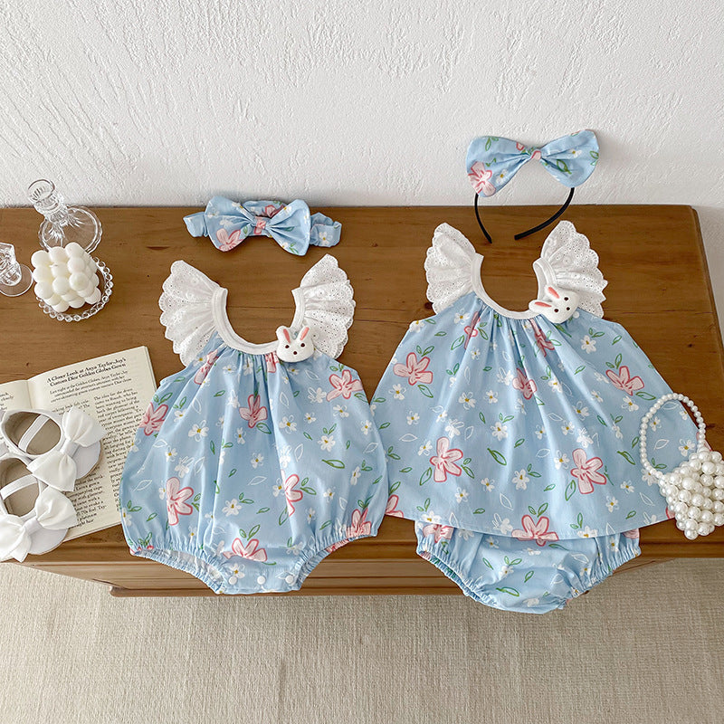 Summer Girls Flowers Pattern Sleeveless Lace Strap Onesies And Clothing Set – Sister Matching Clothing Set-4