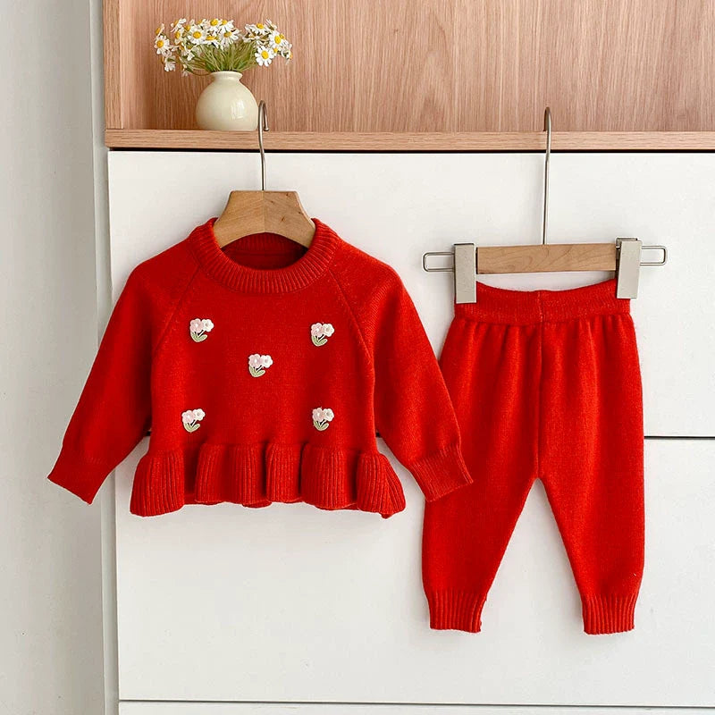 Arrival Autumn Baby Girls Long Sleeves Flowers Pattern Knitted Top with Solid Color Long Trousers Clothing Set-3