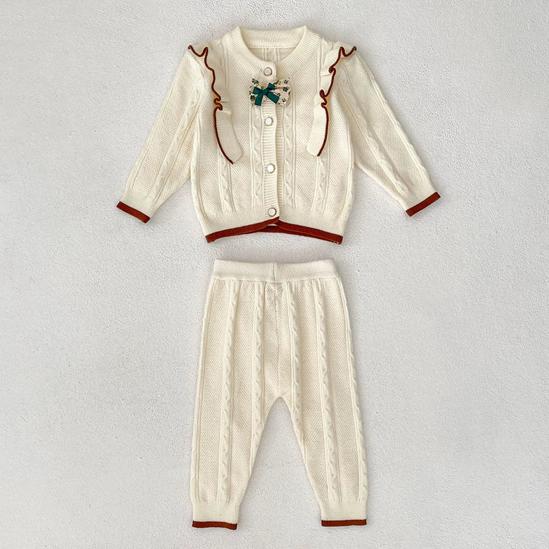 Aankomst herfst baby meisjes lange mouwen kleur patchwork jacquard patroon gebreide top vest en lange broek kleding set-4