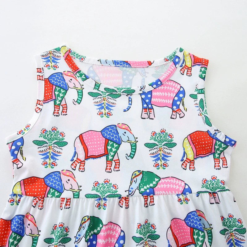 Summer Arrival Colorful Flowers and Elephants Pattern Sleeveless Crew Neck Dress for Stylish Girls-3