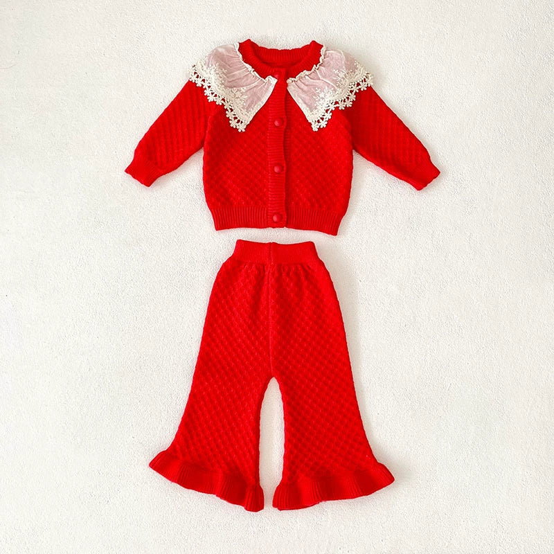 Arrival Autumn Baby Girls Long Sleeves Color Patchwork Geometric Jacquard Pattern Knitted Top Cardigan and Long Trousers Clothing Set-3