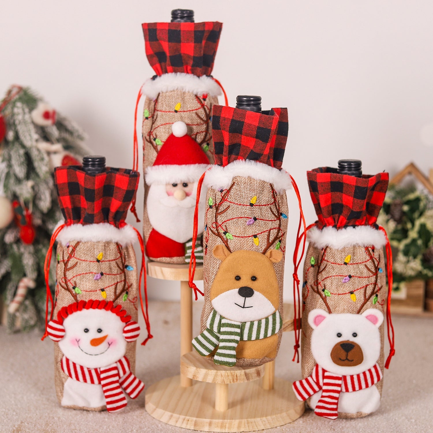 Red and Black Checkered Burlap Wine Bottle Embroidered Christmas Doll Tote Bag-1