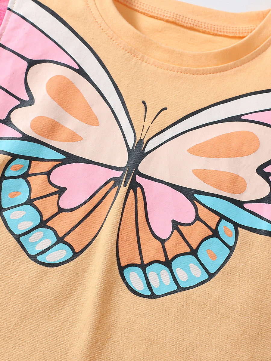 Arrival Summer Baby Kids Girls Butterfly Design Lace Sleeves Top And Pleated Skirt Clothing Set-3