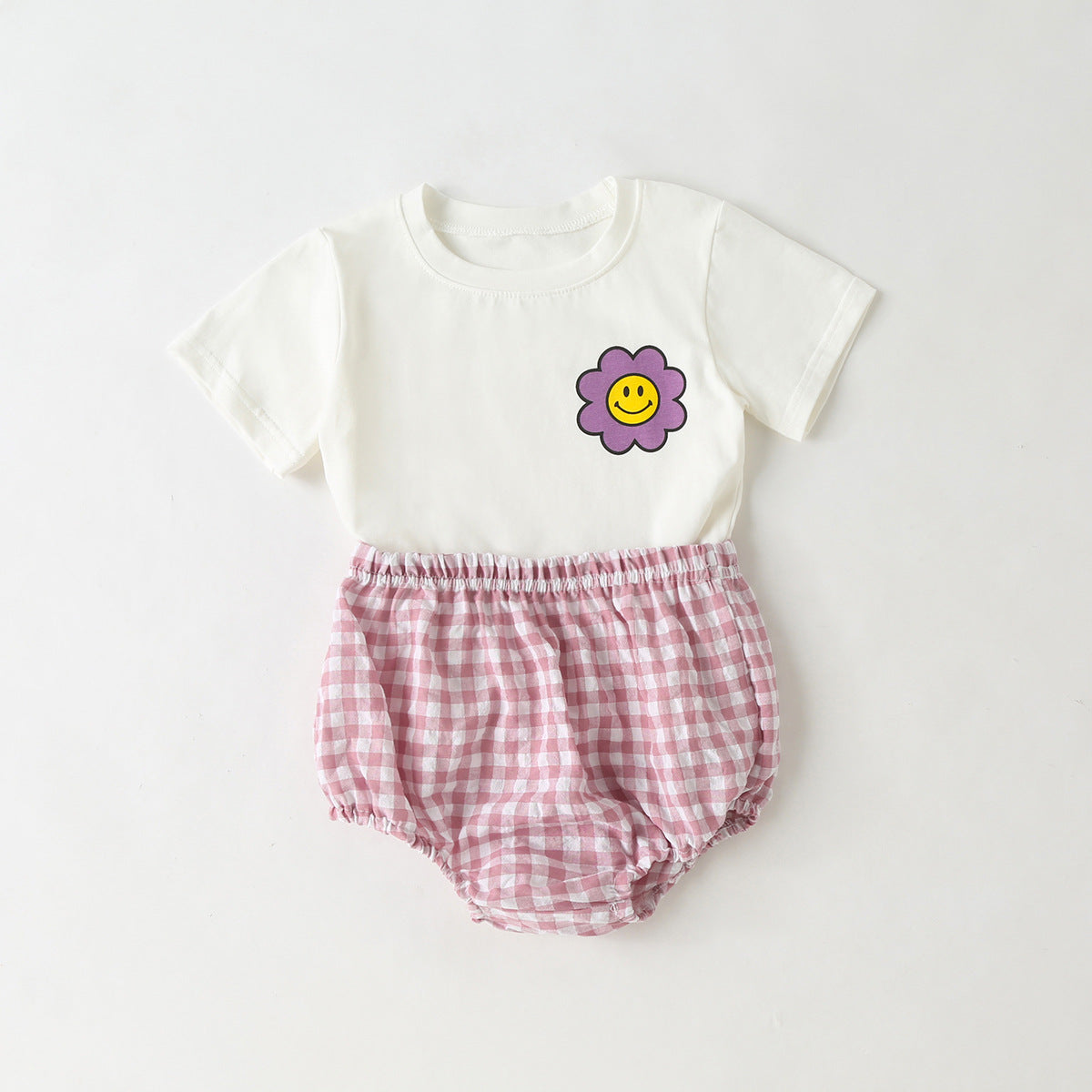 Summer Baby Kids Cartoon Flowers Pattern T-shirt and Plaid Bloomers Clothing Set-2