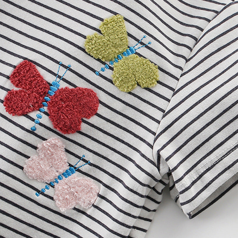 Summer Girls’ Butterfly Pattern Striped T-shirt in European and American Style-2