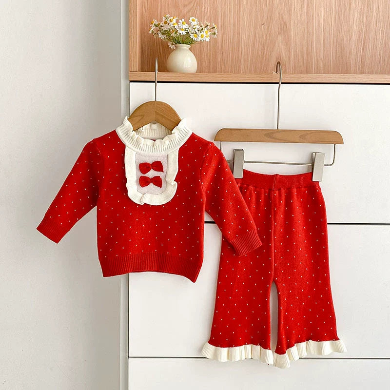 Arrival Autumn Baby Girls Long Sleeves Color Patchwork Dots Pattern Knitted Top Sweater and Long Trousers Clothing Set-2