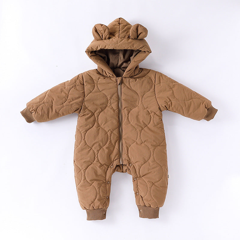 Autumn and Winter Arrival Baby Unisex Solid Color Hooded Cozy Long Sleeves Casual Thickened Rompers-1