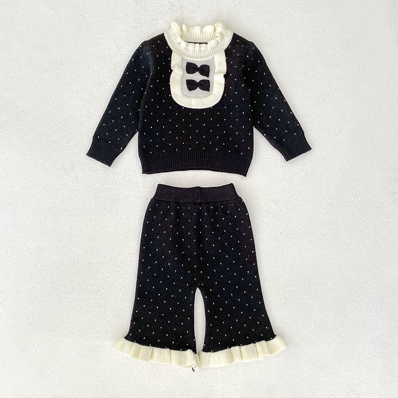 Arrival Autumn Baby Girls Long Sleeves Color Patchwork Dots Pattern Knitted Top Sweater and Long Trousers Clothing Set-3