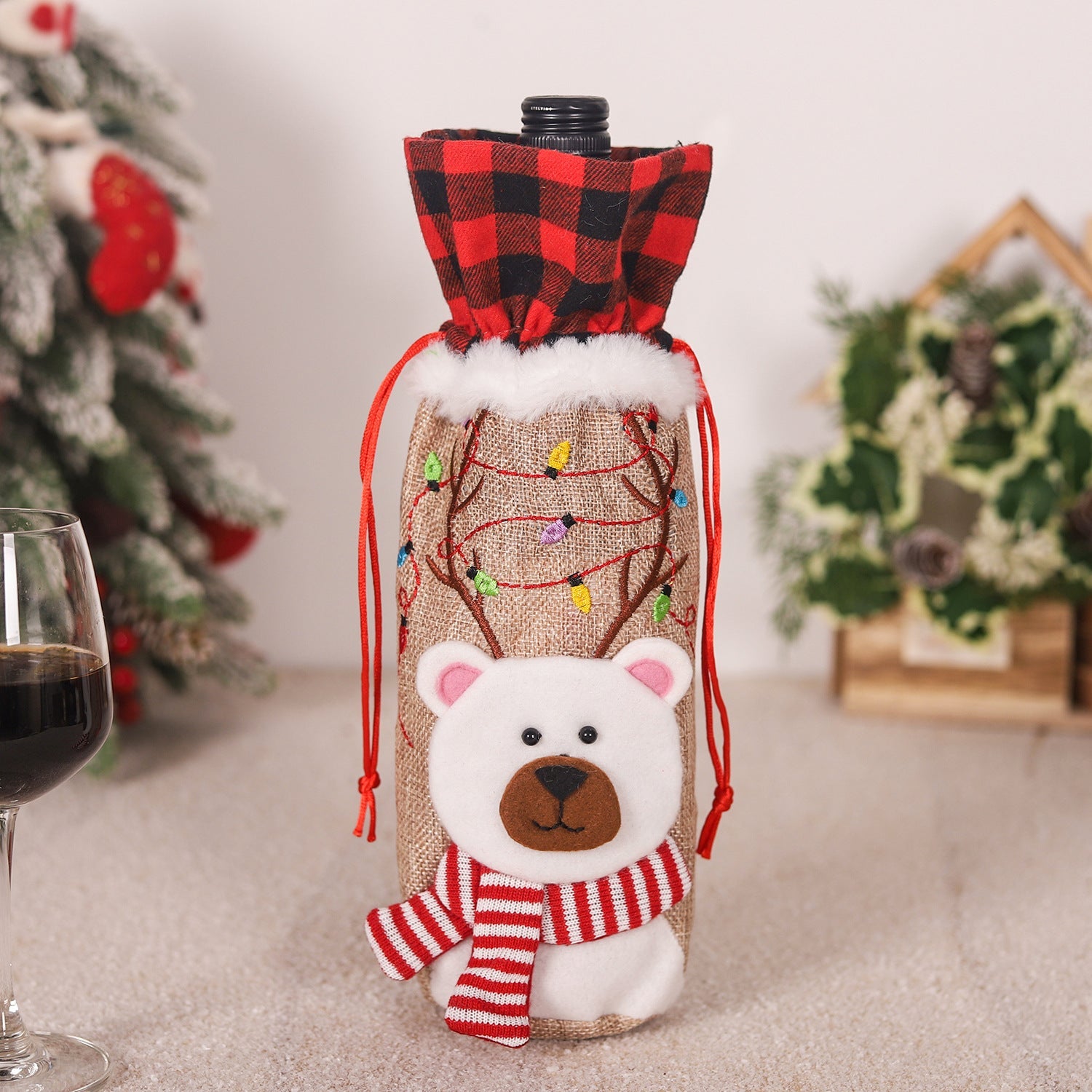 Red and Black Checkered Burlap Wine Bottle Embroidered Christmas Doll Tote Bag-2