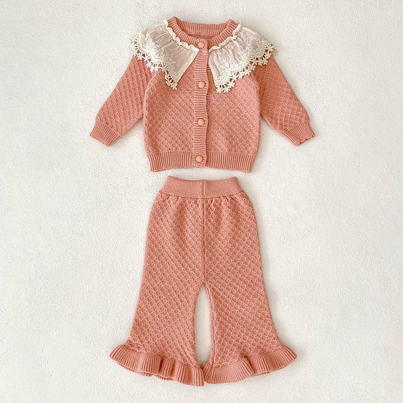 Arrival Autumn Baby Girls Long Sleeves Color Patchwork Geometric Jacquard Pattern Knitted Top Cardigan and Long Trousers Clothing Set-2