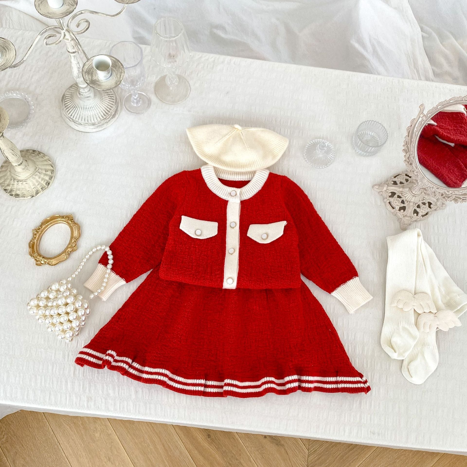 Arrival Autumn Baby Girls Long Sleeves Simple Color Patchwork Knitted Cardigan and Skirt – Clothing Set-3