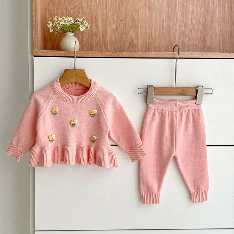 Arrival Autumn Baby Girls Long Sleeves Flowers Pattern Knitted Top with Solid Color Long Trousers Clothing Set-2