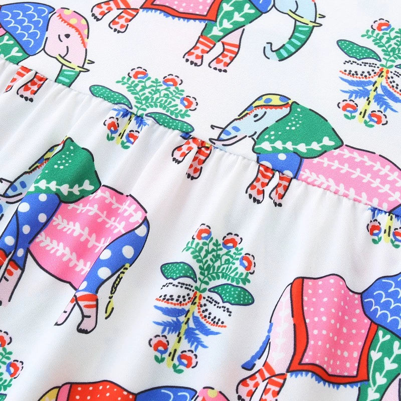 Summer Arrival Colorful Flowers and Elephants Pattern Sleeveless Crew Neck Dress for Stylish Girls-2