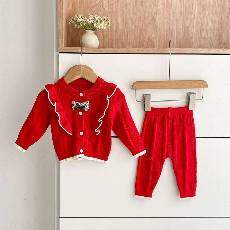 Aankomst Herfst Baby Meisjes Lange Mouwen Kleur Patchwork Jacquard Patroon Gebreid Top Vest en Lange Broek Kleding Set-1