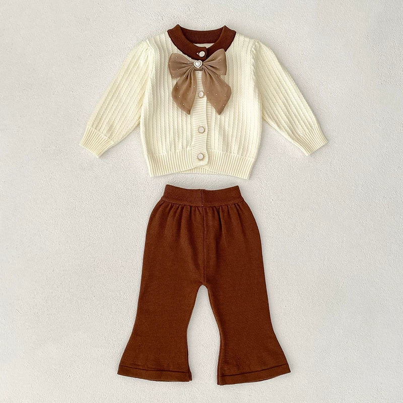 Aankomst herfst baby meisjes lange mouwen kleur patchwork jacquard patroon gebreide top vest en lange broek kleding set-3