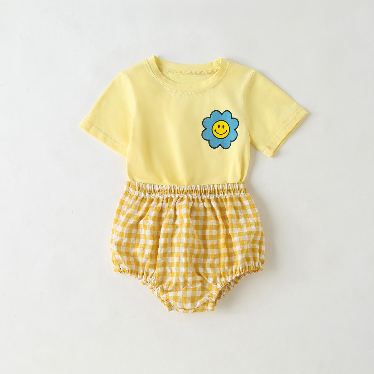 Summer Baby Kids Cartoon Flowers Pattern T-shirt and Plaid Bloomers Clothing Set-1