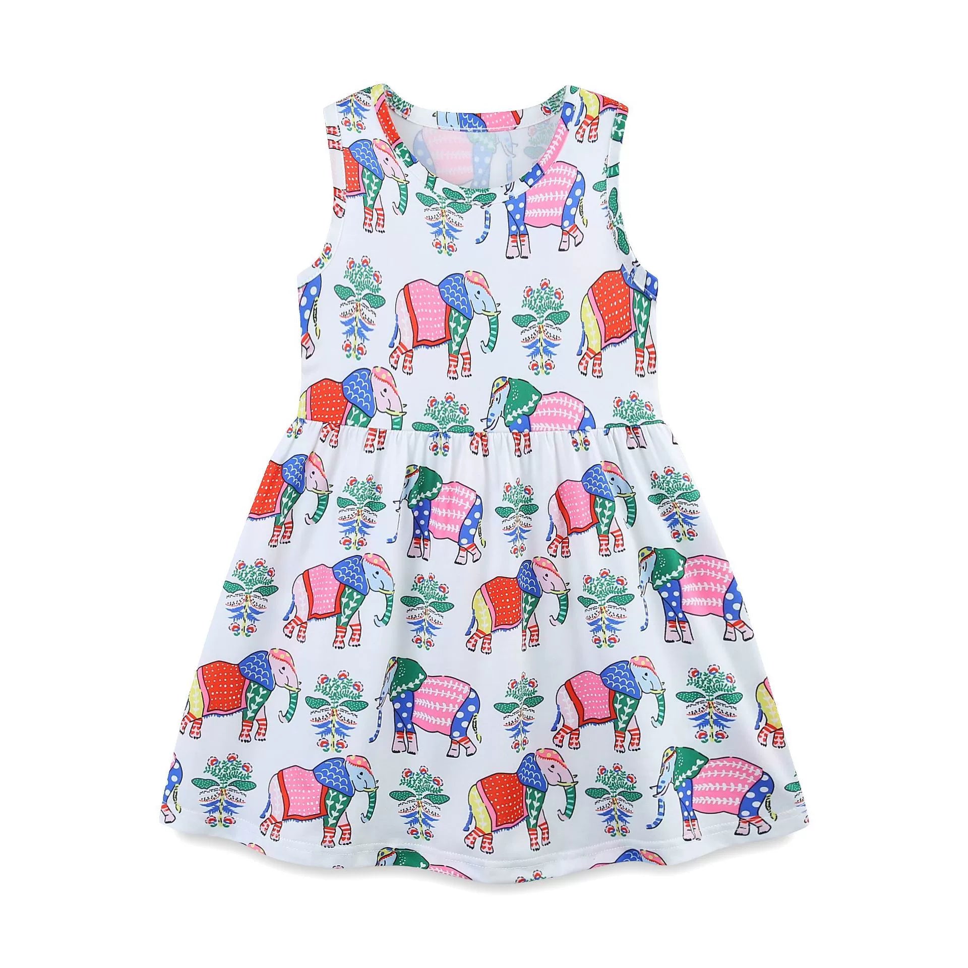 Summer Arrival Colorful Flowers and Elephants Pattern Sleeveless Crew Neck Dress for Stylish Girls-0