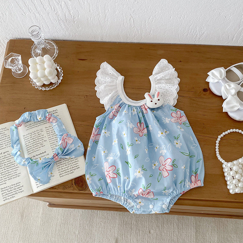 Summer Girls Flowers Pattern Sleeveless Lace Strap Onesies And Clothing Set – Sister Matching Clothing Set-2