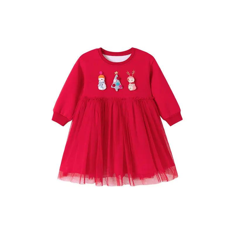 Autumn and Winter Warm Arrival Christmas Cartoon Pattern Long Sleeves Crew Neck Dress for Stylish Girls-1