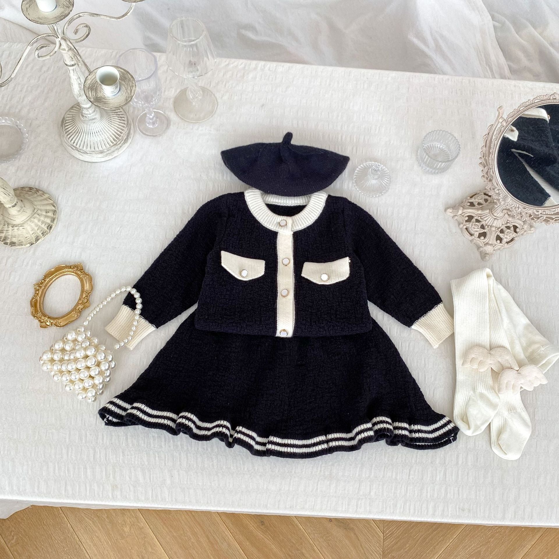 Arrival Autumn Baby Girls Long Sleeves Simple Color Patchwork Knitted Cardigan and Skirt – Clothing Set-4