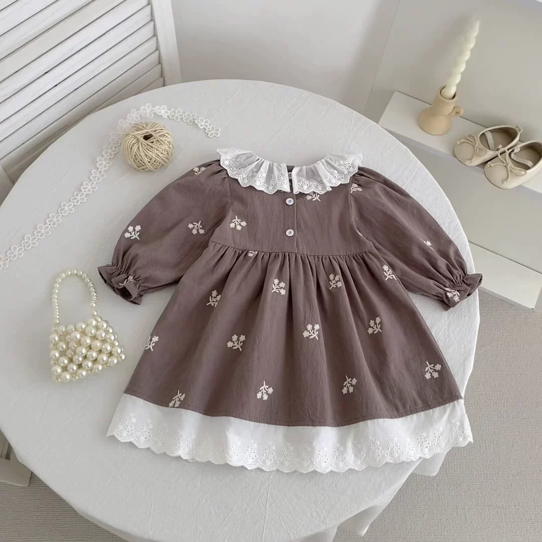 Autumn Hot Selling Baby Kids Girls Flowers Embroidered Pattern Long-sleeved Onesies and Dress – Princess Sister Matching Set-4