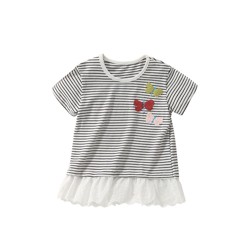 Summer Girls’ Butterfly Pattern Striped T-shirt in European and American Style-0