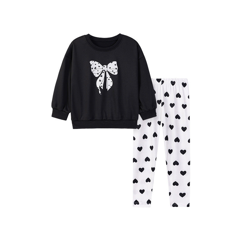 Spring and Autumn Girls Butterfly-bows Pattern Long Sleeves Top and Hearts Pattern Pants Clothing Set-0