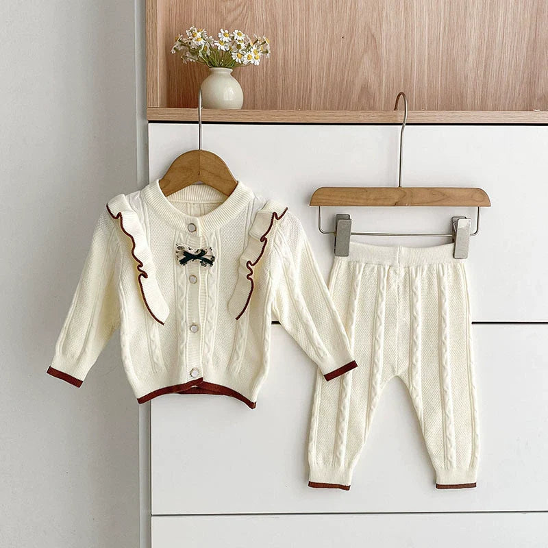 Aankomst Herfst Baby Meisjes Lange Mouwen Kleur Patchwork Jacquard Patroon Gebreid Top Vest en Lange Broek Kleding Set-0
