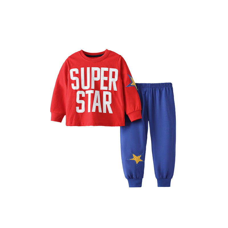 Spring and Autumn Boys Letters Pattern Long Sleeves Top and Star Pattern Pants Clothing Set-0