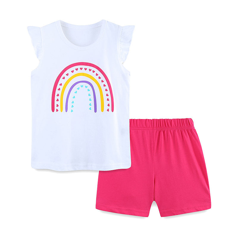Zomer Baby Kids Meisjes Hart Regenboog Print T-Shirt en Korte Broek Kleding Set-0