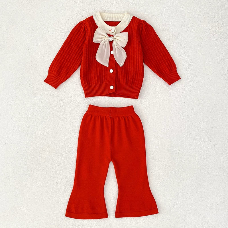 Aankomst herfst baby meisjes lange mouwen kleur patchwork jacquard patroon gebreide top vest en lange broek kleding set-4