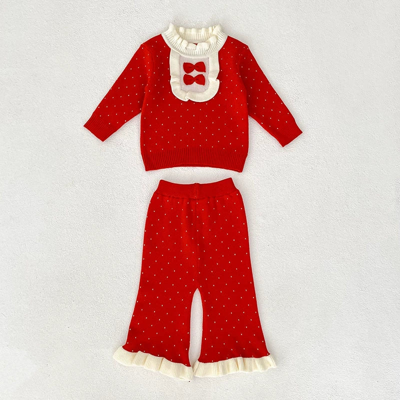 Arrival Autumn Baby Girls Long Sleeves Color Patchwork Dots Pattern Knitted Top Sweater and Long Trousers Clothing Set-4