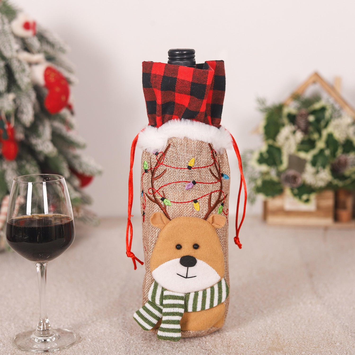 Red and Black Checkered Burlap Wine Bottle Embroidered Christmas Doll Tote Bag-3