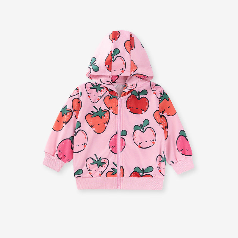 Spring and Autumn Girls Fruits Cartoon Pattern Long Sleeves Zip-up Coat-0