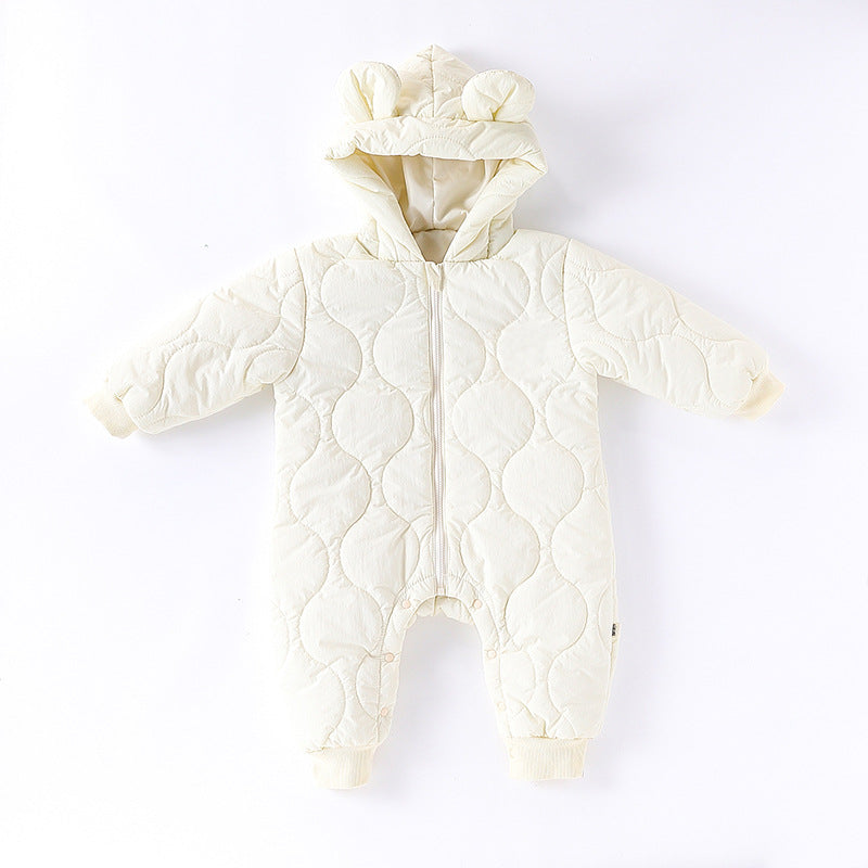 Autumn and Winter Arrival Baby Unisex Solid Color Hooded Cozy Long Sleeves Casual Thickened Rompers-3